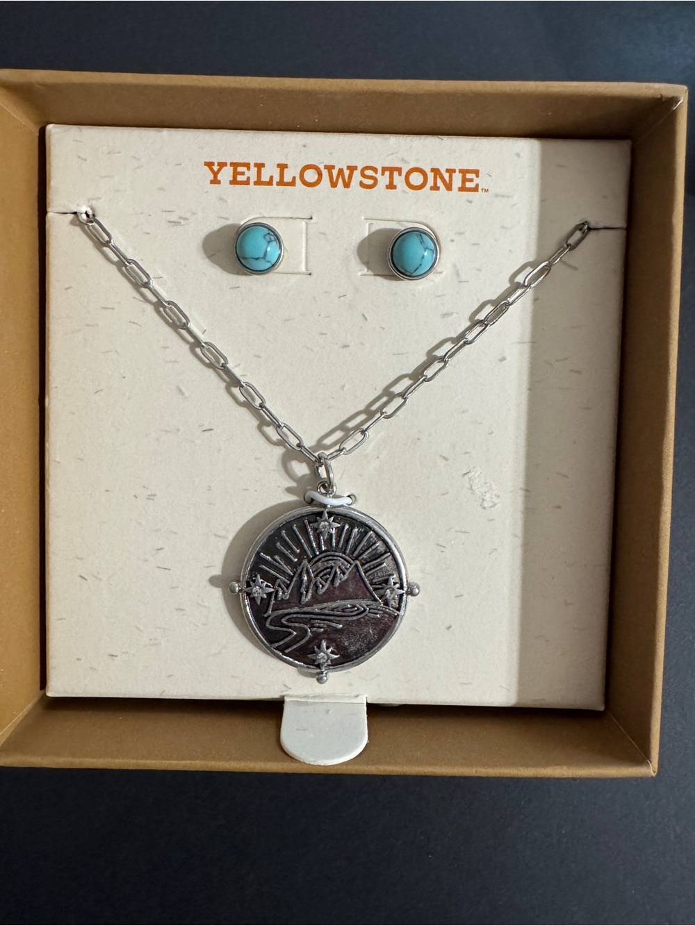 Yellowstone Silver-Tone Pendant Necklace with Turquoise Stud Earrings